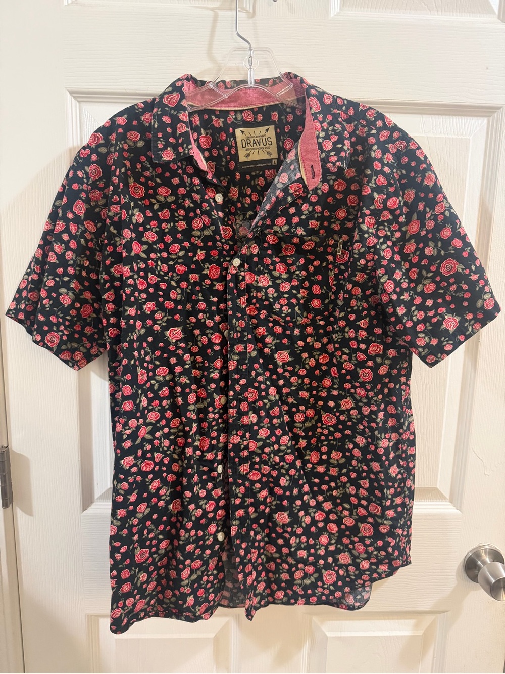 Dravus Men's Large Rose Print Short Sleeve Button Down Shirt
